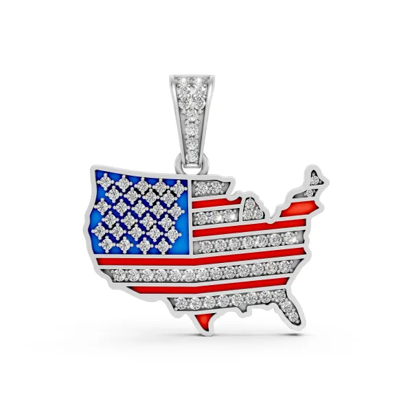 10K White Gold American Flag Map Shaped Charm Pendant