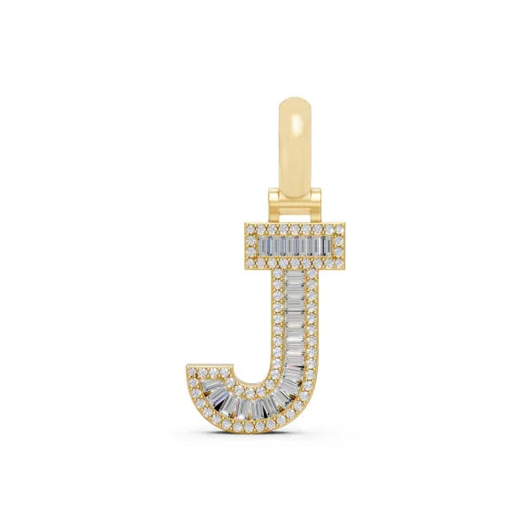 Initial "J" Baguette And Round Diamond Pendant