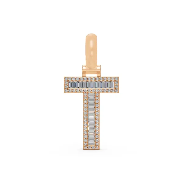 10K Rose Gold Baguette And Round Cut Natural Diamonds Letter "T" Pendant