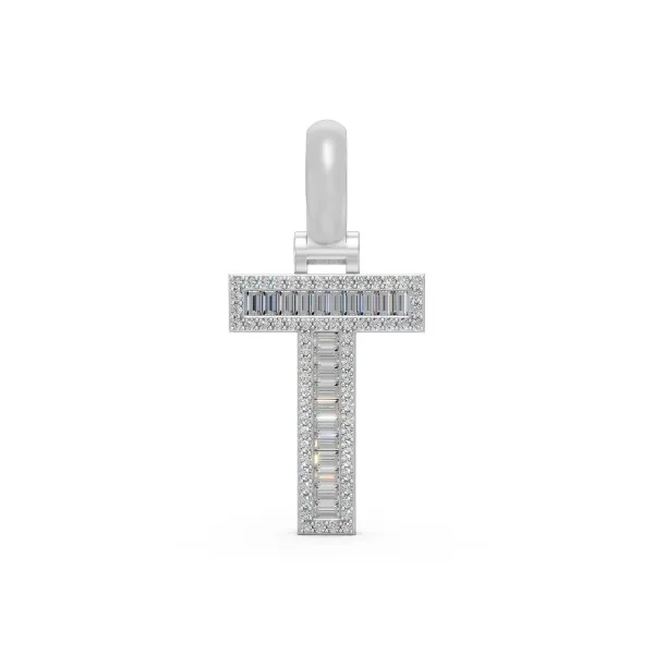 10K White Gold Baguette And Round Cut Natural Diamonds Letter "T" Pendant