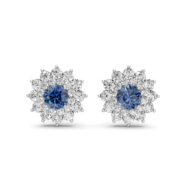 10K White Gold Floral Design Blue Center Stone Lab Grown Diamond Earrings