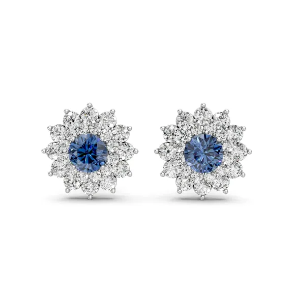 Floral Design Blue Center Stone Lab Grown Diamond Earrings