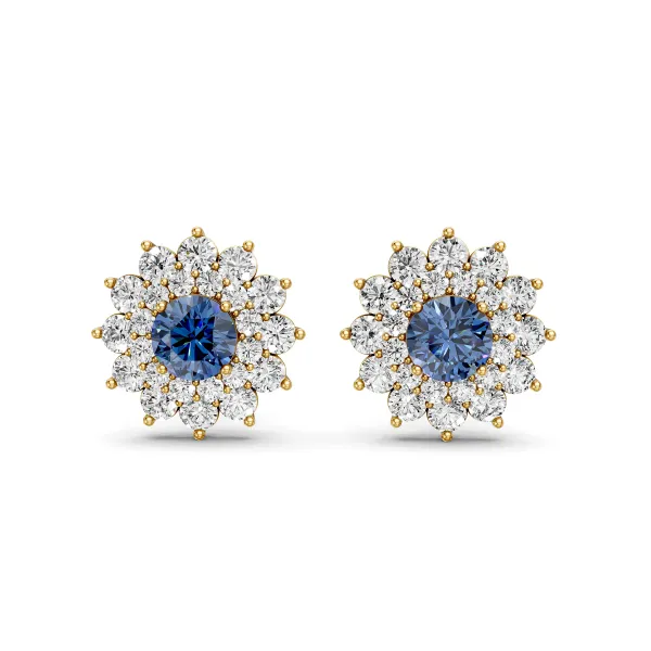 Floral Design Blue Center Stone Lab Grown Diamond Earrings