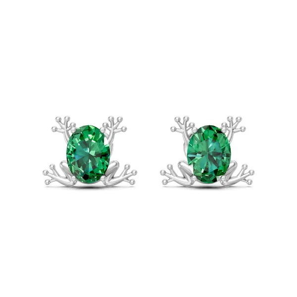 10K White Gold Emerald Oval 2.50 CT Gemstone Froggi Stud Earrings