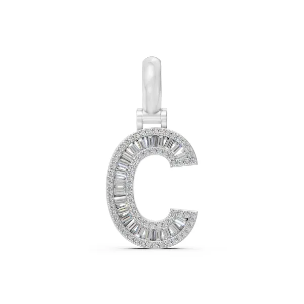 10K White Gold Baguette And Round Natural Diamond Letter "C" Pendant