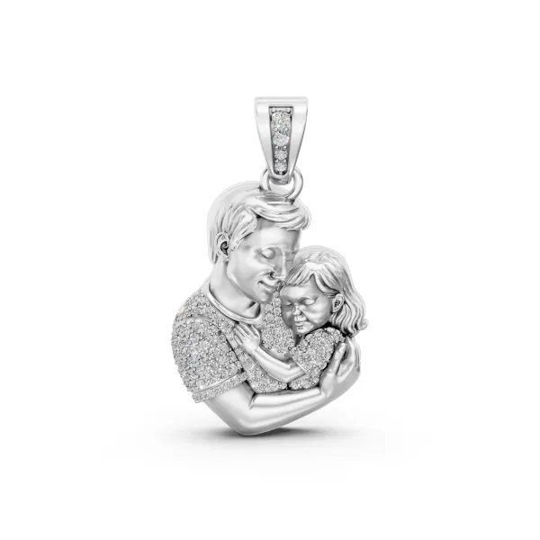 10K White Gold Father Hugging Child Pendant With Natural Diamond