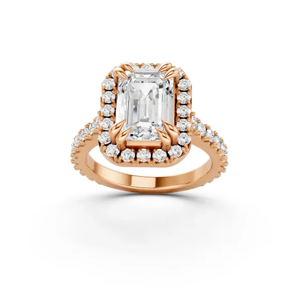 10K Rose Gold Emerald Cut Lab Ggrown Diamond Halo Engagement Ring