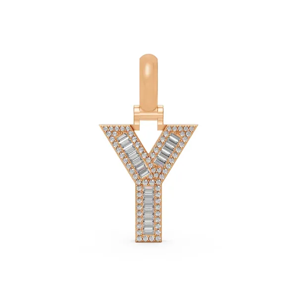10K Rose Gold Unisex Baguette And Round Natural Diamond "Y" Initial Letter Charm Pendant
