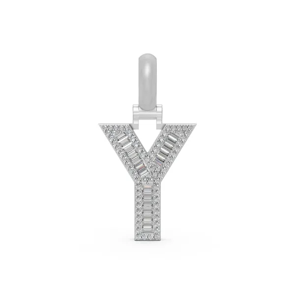 10K White Gold Unisex Baguette And Round Natural Diamond "Y" Initial Letter Charm Pendant