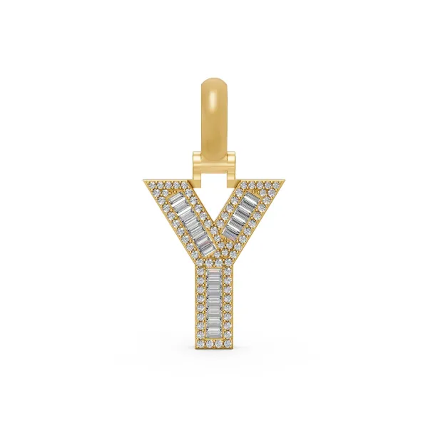 Unisex Baguette And Round Natural Diamond "Y" Initial Letter Charm Pendant