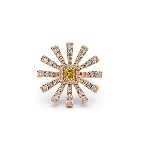 Amelia 10K Rose Gold Luxury Floral Diamond Cocktail Ring With Princess Cut Yellow Stone