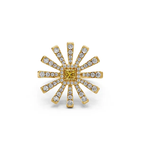 Amelia 10K Yellow Gold Luxury Floral Diamond Cocktail Ring With Princess Cut Yellow Stone