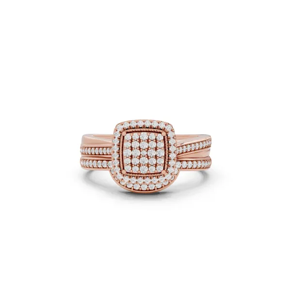 Paloma 10K Rose Gold Cushion Shaped Cluster Round Natural Diamond Bridal Ring Set With Double Halo