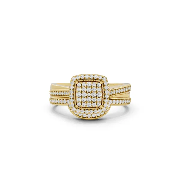 Paloma 10K Yellow Gold Cushion Shaped Cluster Round Natural Diamond Bridal Ring Set With Double Halo