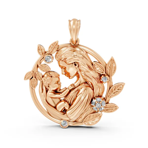 10K Rose Gold Mother Holding Her Baby Natural Diamond Pendant
