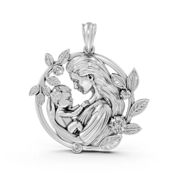 10K White Gold Mother Holding Her Baby Natural Diamond Pendant
