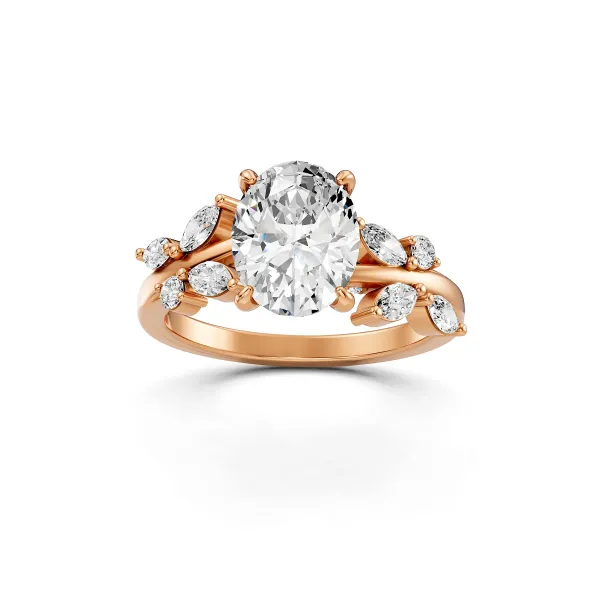 Aura 10K Rose Gold Luxury Oval Lab Grown Diamond Floral Ring With Marquise Side Stones