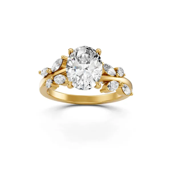 Aura 10K Yellow Gold Luxury Oval Lab Grown Diamond Floral Ring With Marquise Side Stones