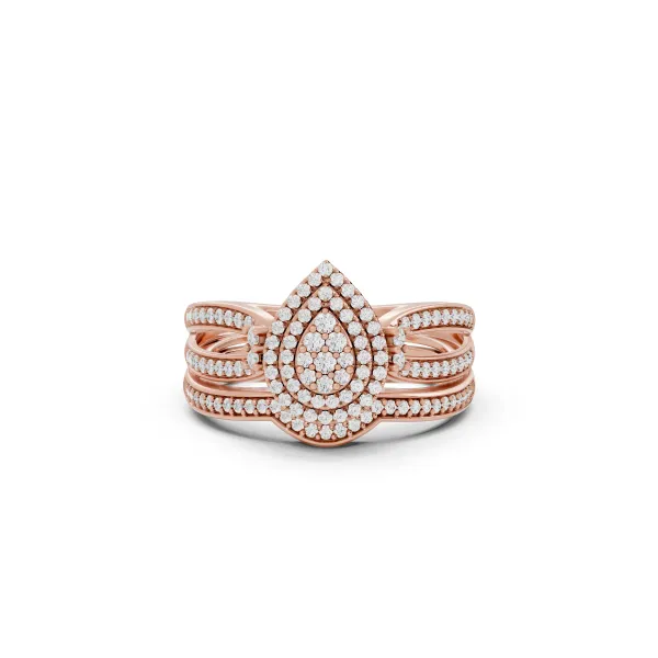 Noemi 10K Rose Gold Elegant Pear Shape Natural Round Diamond Cluster Ring With Multi Layer Band
