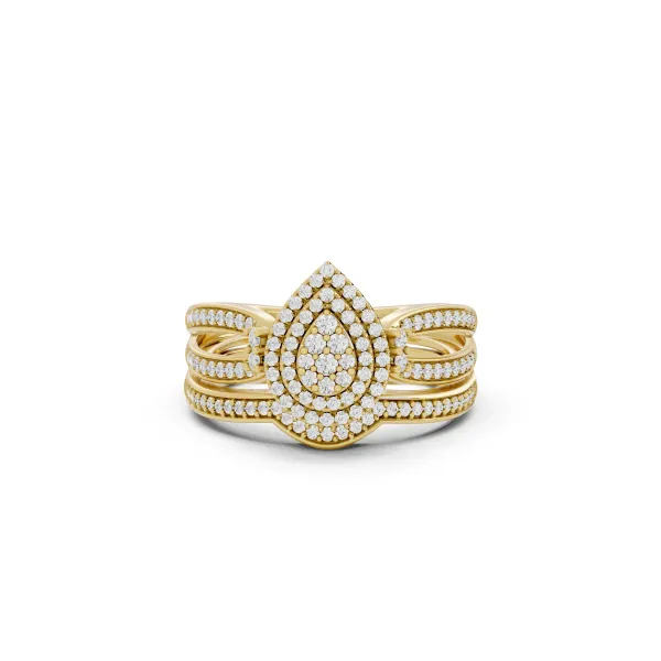 Noemi 10K Yellow Gold Elegant Pear Shape Natural Round Diamond Cluster Ring With Multi Layer Band