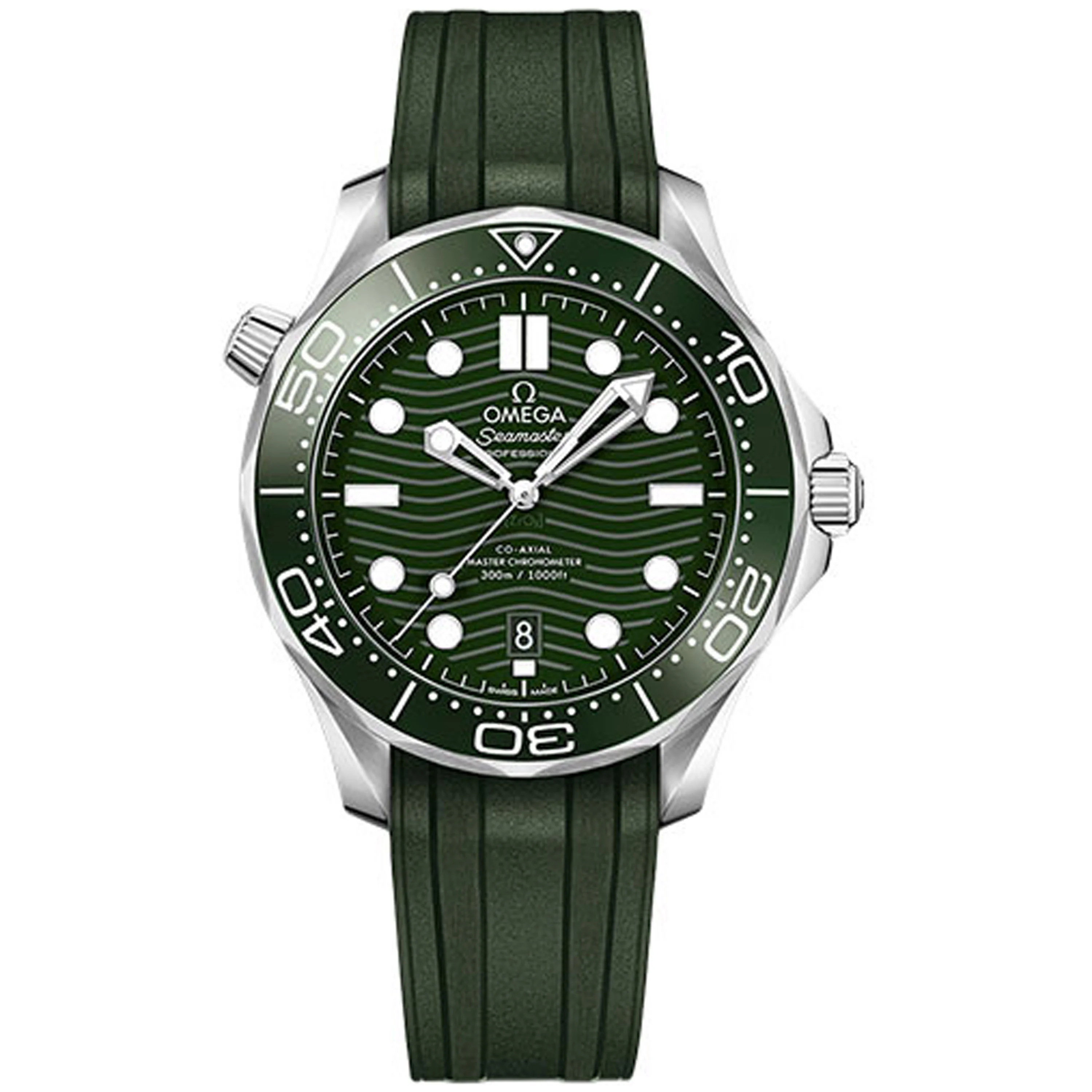 Omega Seamaster Diver 300M Co-Axial Master Chronometer Green Dial on Rubber Strap Ref 210.32.42.20.10.001 with Card