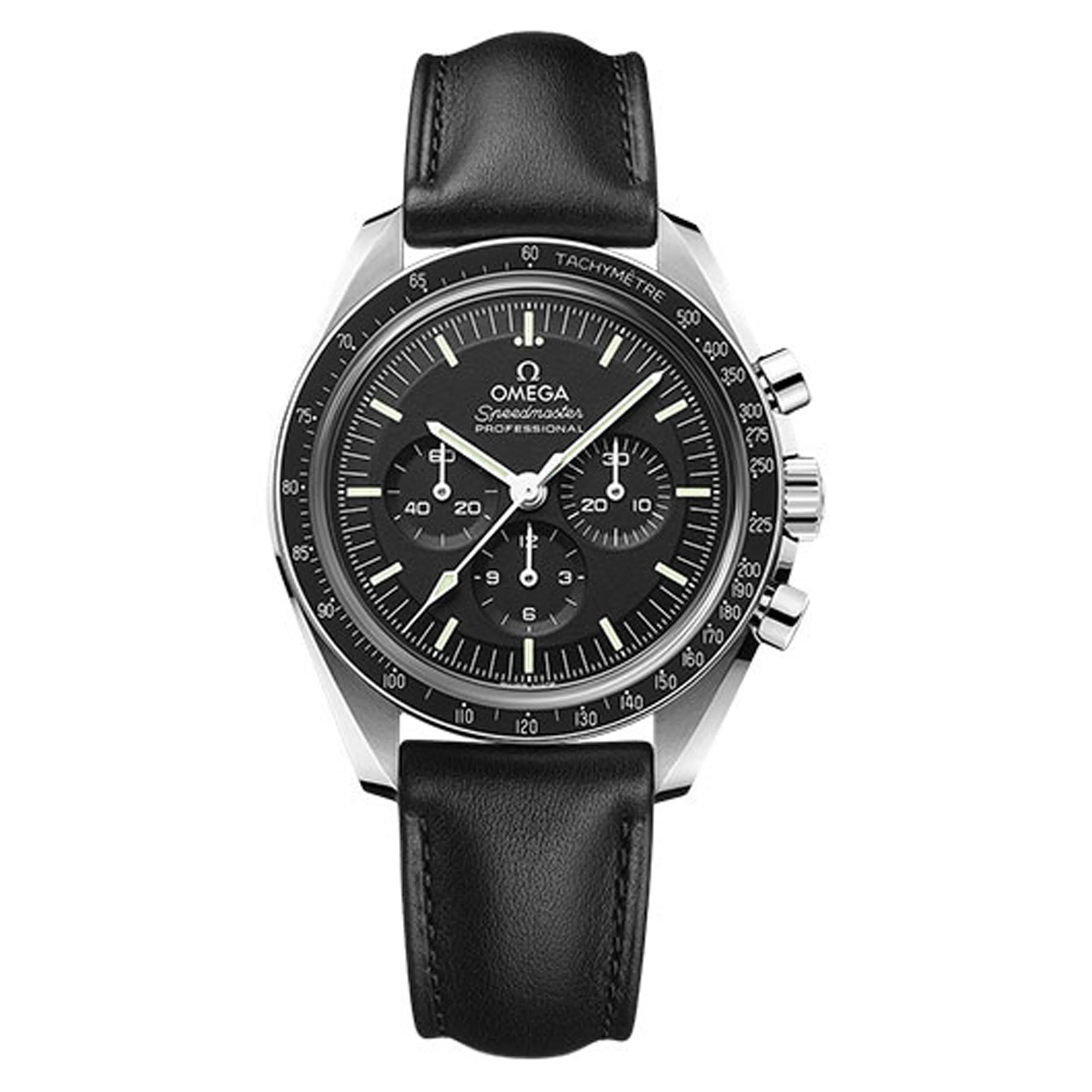 Omega Speedmaster Moonwatch Professional Co-Axial Master Chronometer Chronograph Black Dial on Leather Strap Ref 310.32.42.50.01.002 with Card